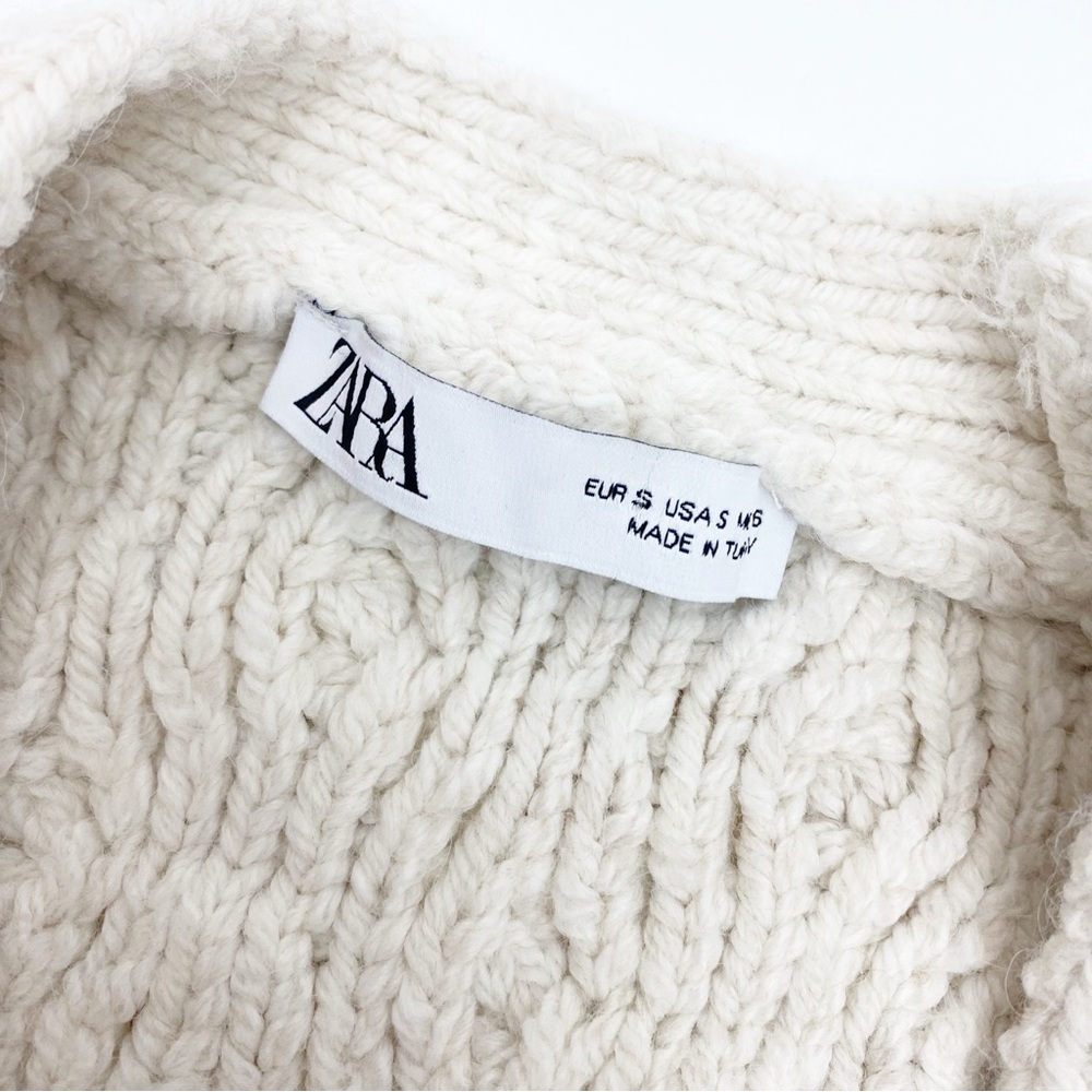 Zara Cable Knit Soft Chunky Cropped Button Front V Neck Cardigan Sweater Ivory - Picture 13 of 14